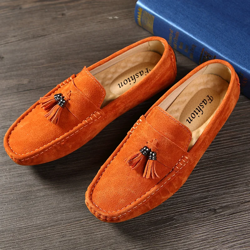 

Cow Suede Leather Shoes Men Moccasins Luxury Designer Mens Driving Shoes Fashion Penny Loafers Boat Loafer Trendy Flats Orange
