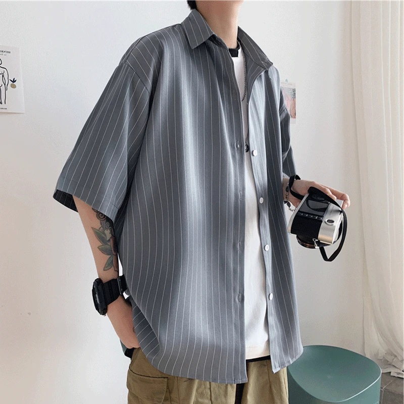 

Ruffian Handsome Shirt Men's Summer Hong Kong Style Japanese-style Casual Loose-Fit Vertical Striped Shirt Short Sleeve Korean-s