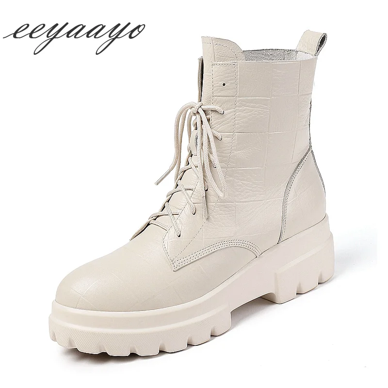 

2019 New Winter Genuine Leather Women Ankle Boots Middle Heel Round Toe Lace-Up Solid Causal Women Shoes Beige Martens Boots