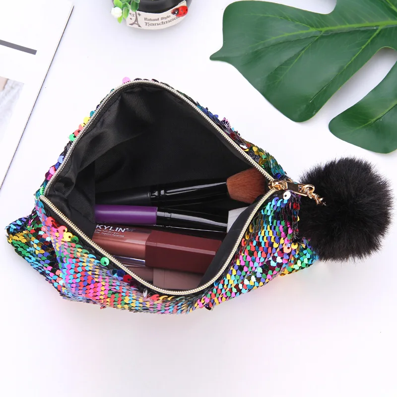 Fashion Reversible Sequins Glitter Makeup Bags Girl Cute Plush Ball Cute Cosmetics Pouchs For Travel Ladies Women Cosmetic Bag