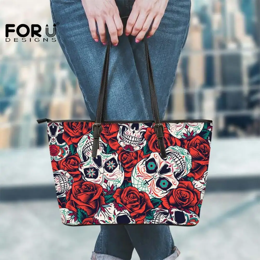 

FORUDESIGNS Women Purse Big Mexican Sugar Skull Rose Print Large Capacity Leather Tote Bags Hand-bags Zipepr Handbags For Girls
