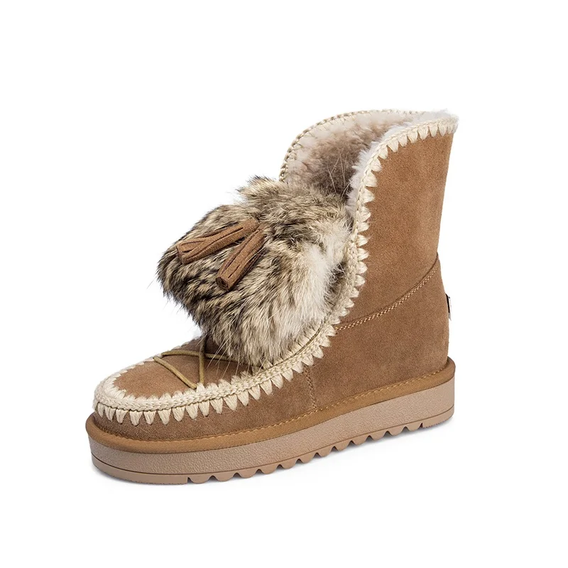 Брендовая женская обувь; теплые меховые ботильоны для женщин; зимние ботинки; российские зимние ботинки; женская уличная Повседневная обувь; женская обувь на плоской подошве - Цвет: camel tassel