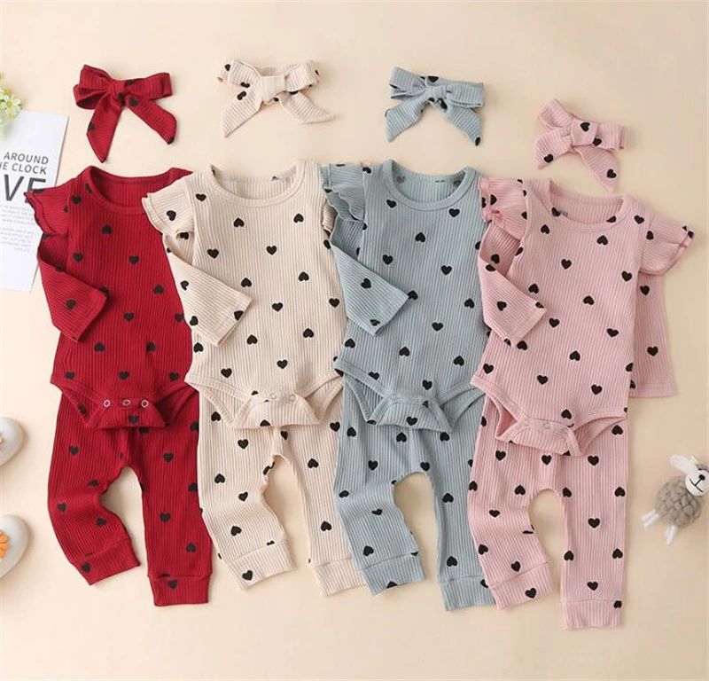 Blotona Newborn Baby Ribbed Suit Girl Boy Heart Print Crew Neck Long Sleeve Romper Top+Long Pants+Hairband 3Pcs Outfits 0-24M small baby clothing set	