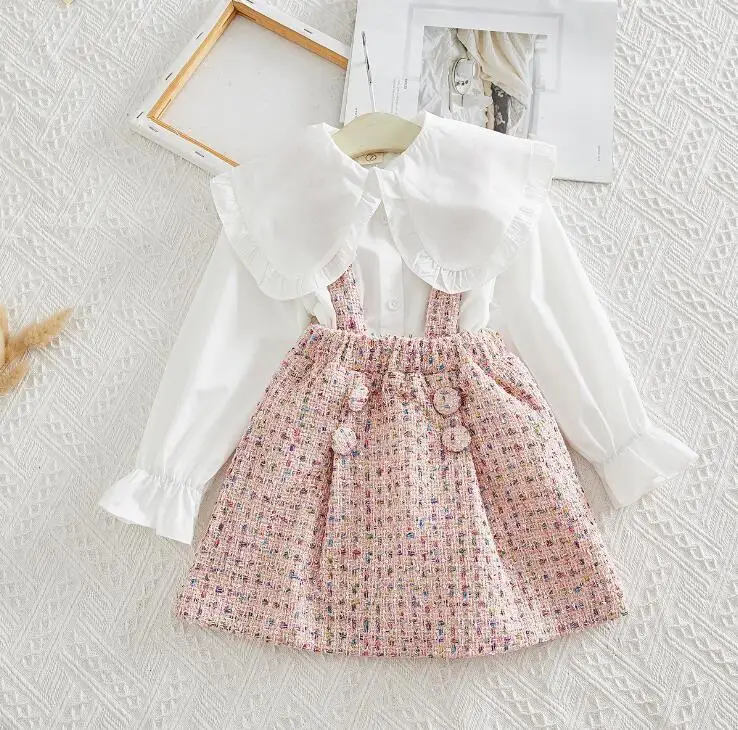 

Retail 2019 Baby Girls Fall Elegant Plaids Sets, White Top + Plaids Suspend Skirts 3-7T