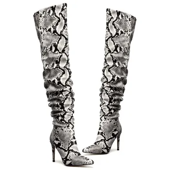 

Karinluna Wholesale New Brand Shoes Women Snake Pattern Pointed High Heels Mixed Color over-the-knee Boots zip Thigh Booties