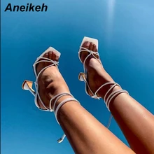 Aneikeh – Sandales en PU à talons hauts, fermeture à lacets, pour femme, chaussures d'été, escarpins pour fête, taille de 35 à 42, couleur abricot, blanc et noir