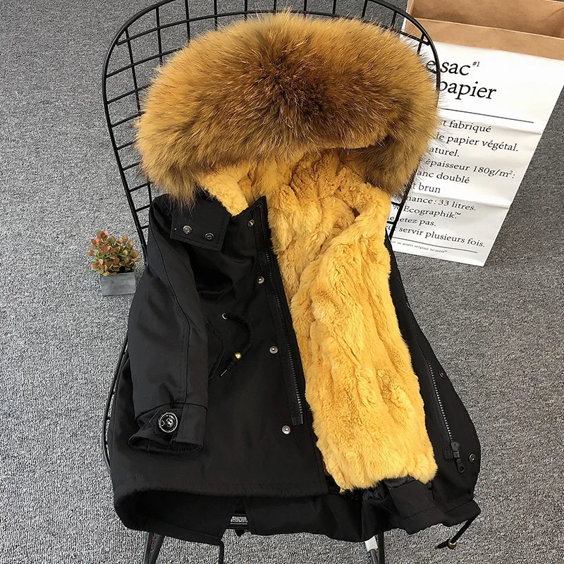 Black Yellow Fur Меховые парки с капюшоном и натуральным мехом для мальчиков и девочек; толстый теплый детский зимний комбинезон; детская зимняя куртка со съемной подкладкой из натурального меха; верхняя одежда - Цвет: Black Yellow Fur