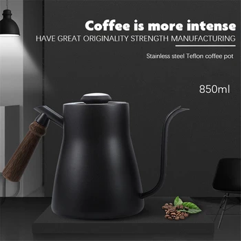 

850ml Stainless Steel Gooseneck Coffee Kettle With Thermometer Lid Pouring Drip Spout Teapot Tea Pot Wood Handle Black Home Cafe