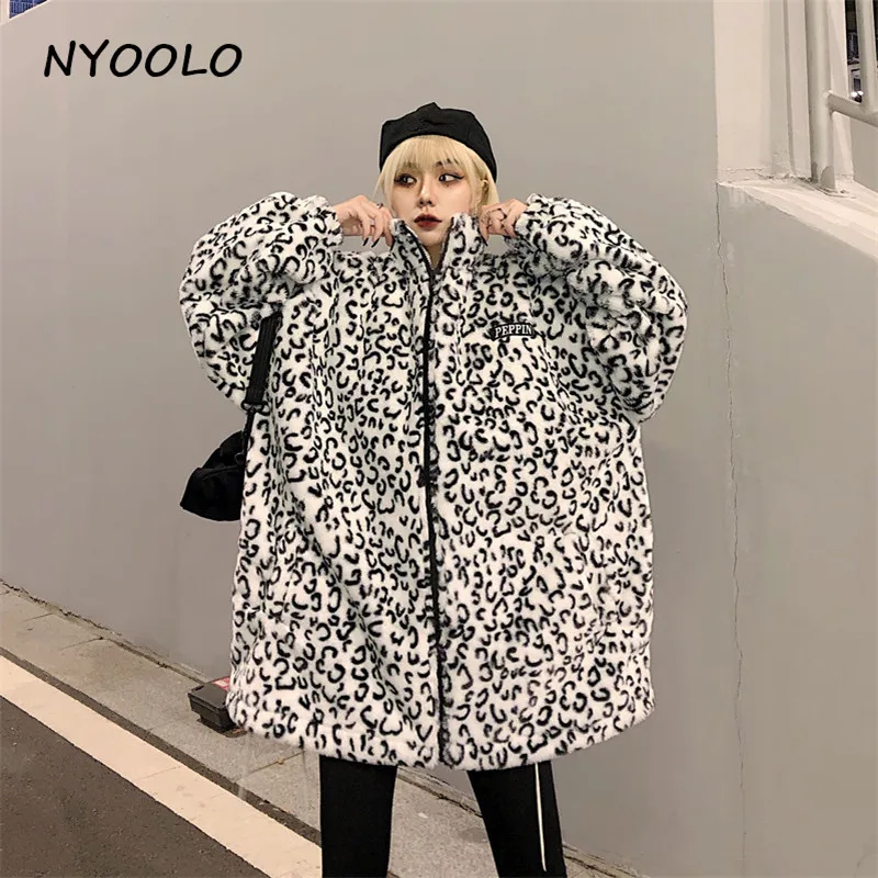 NYOOLO Harajuku уличный стиль леопардовые утолщенные теплые куртки осень-зима свободные длинные рукава на молнии куртка женская Свободная верхняя одежда