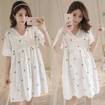 

Summer Fashion Cotton Linen Embroidered Pregnant Women Dress Pregnant Women Loose-Fit Breathable Dress