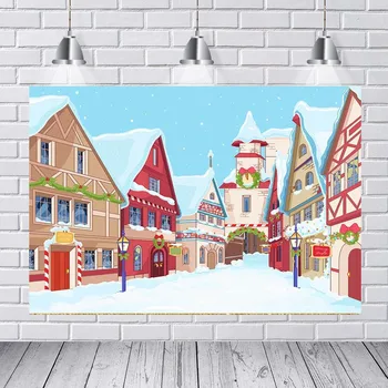 

Christmas Background Christmas Tree White Snow New Year Small Village Decoration Snowflake Photo Studio BackgroundBrickFireplace