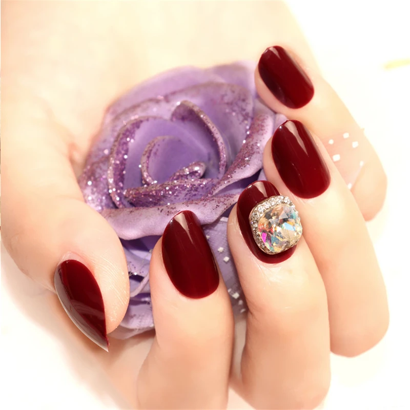 Nusx DIY Red Color Artificial Nails Bride Wedding Shining Rhinestone Fake Nail 3D Decor Full Cover 4