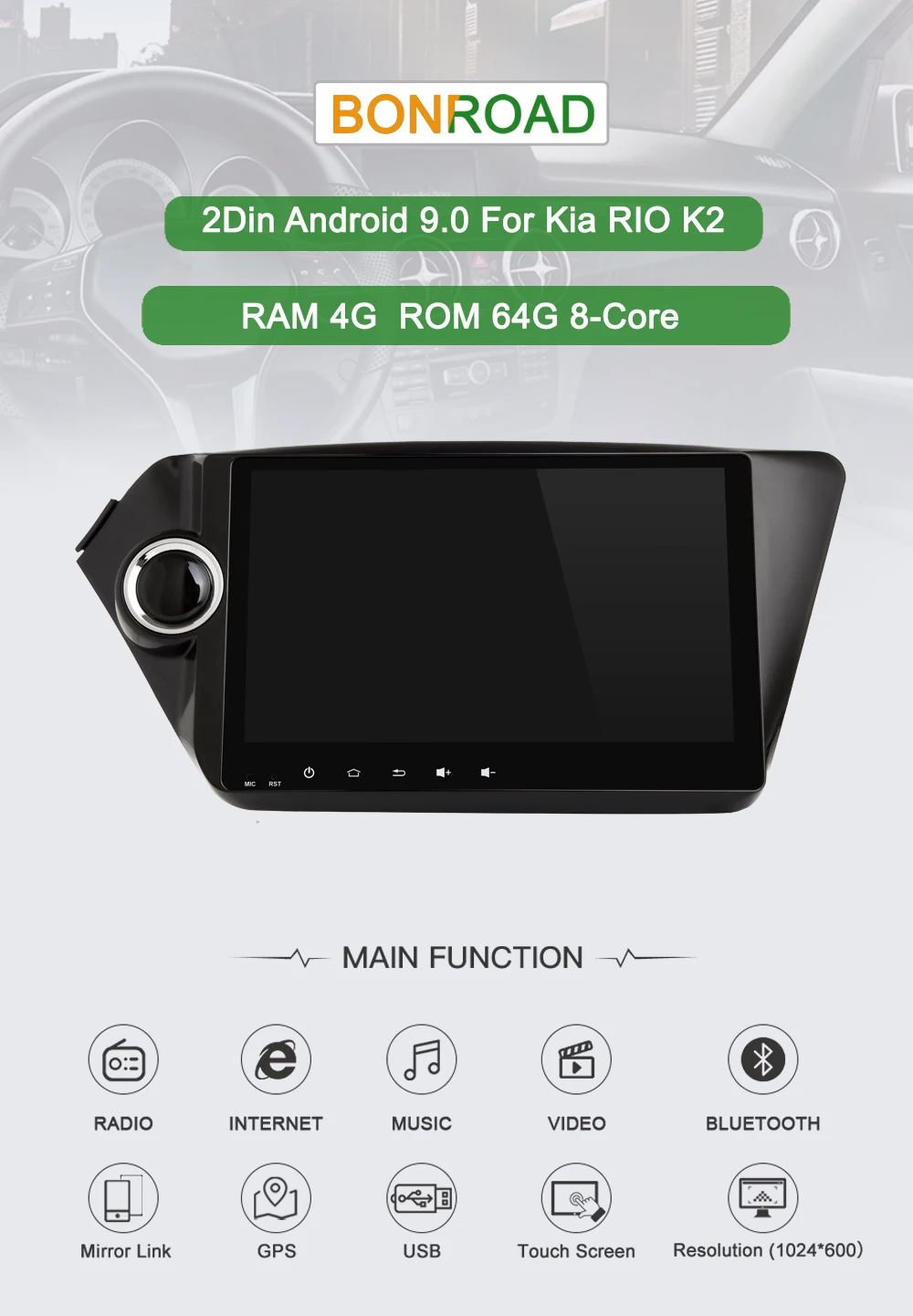 Perfect Bonroad Android 9.0 Car Multimedia Player stereo for K2 Rio 2010-2015 GPS Navigation Car Video Player with DSP  4G RAM ROM64G 0