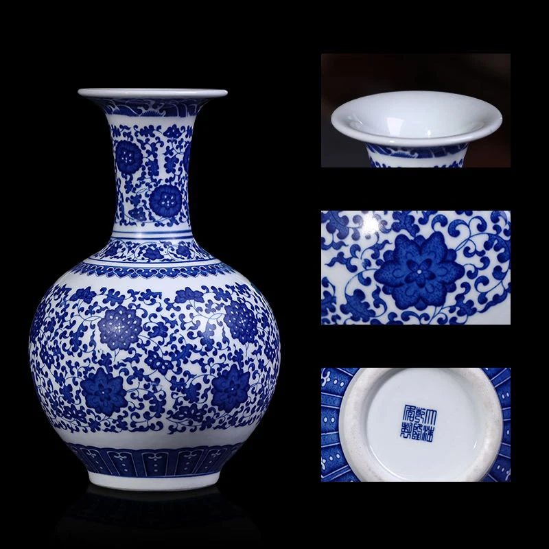 Украшения для дома в китайском стиле ваза сине-белая гостиная центральный фарфоровые подарки азиатские вазы с подставкой цветок Дракон пейзаж печать
