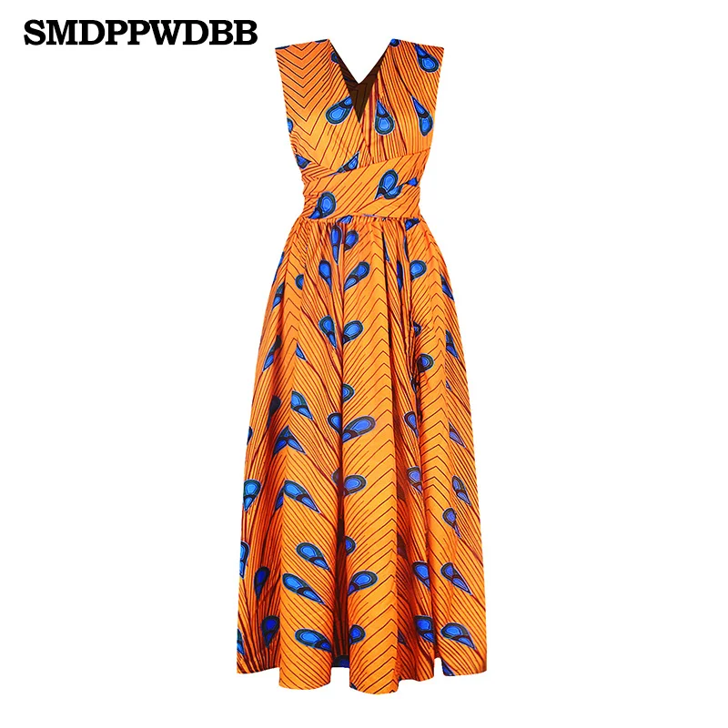 Летняя мода несколько Способы ношения африканские женщины v-образным вырезом большой качели юбка цифровой перо печать длинное платье Сплит платье - Цвет: C