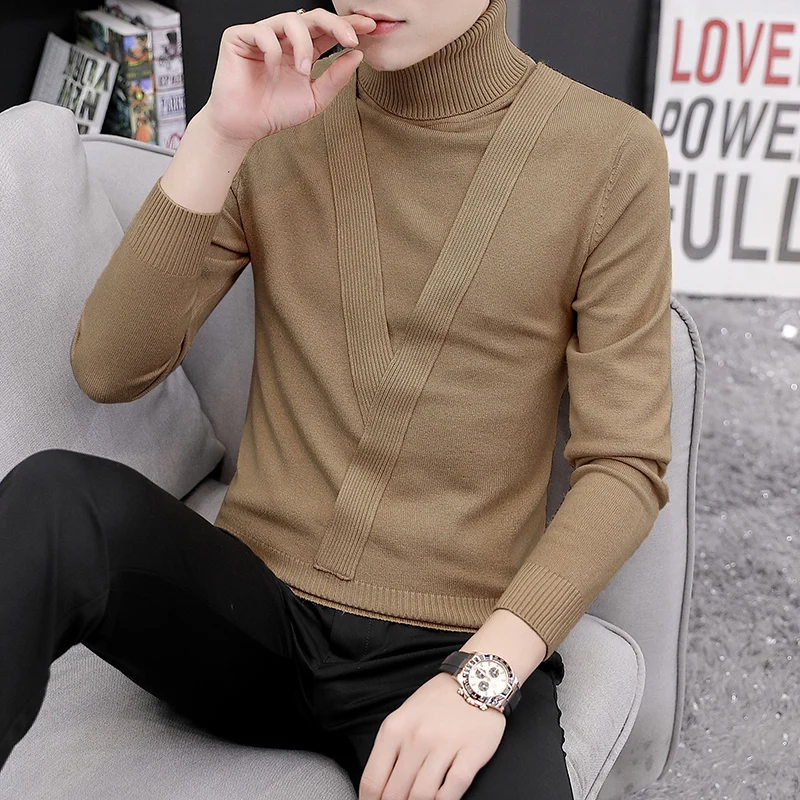 Caramel color Кашемировый мужской свитер, мужские Рождественские свитера с длинным рукавом, облегающий пуловер с высоким воротом, мужские высококачественные Вязаные Рубашки - Цвет: Caramel color
