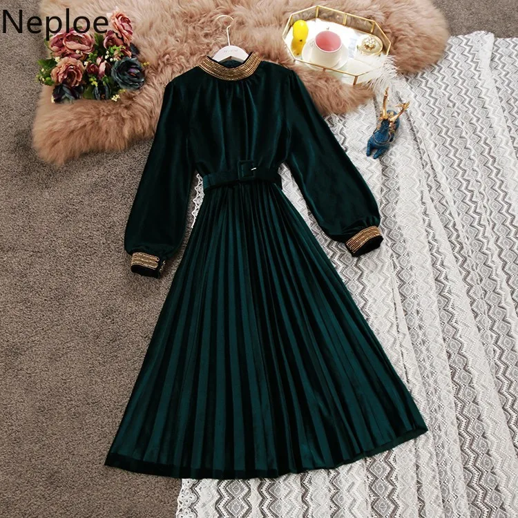 

Neploe Long Sleeve Velour Dress 2019 Autumn Winter Elegant Women A-line Dresses High Waist Pleated Belt Slim Waist Vestido 54820