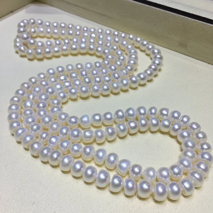 Модное Длинное жемчужное ожерелье 8-9 мм из натурального пресноводного жемчуга, цепочка для свитера, Очаровательное ожерелье для женщин, ювелирное изделие, подарок