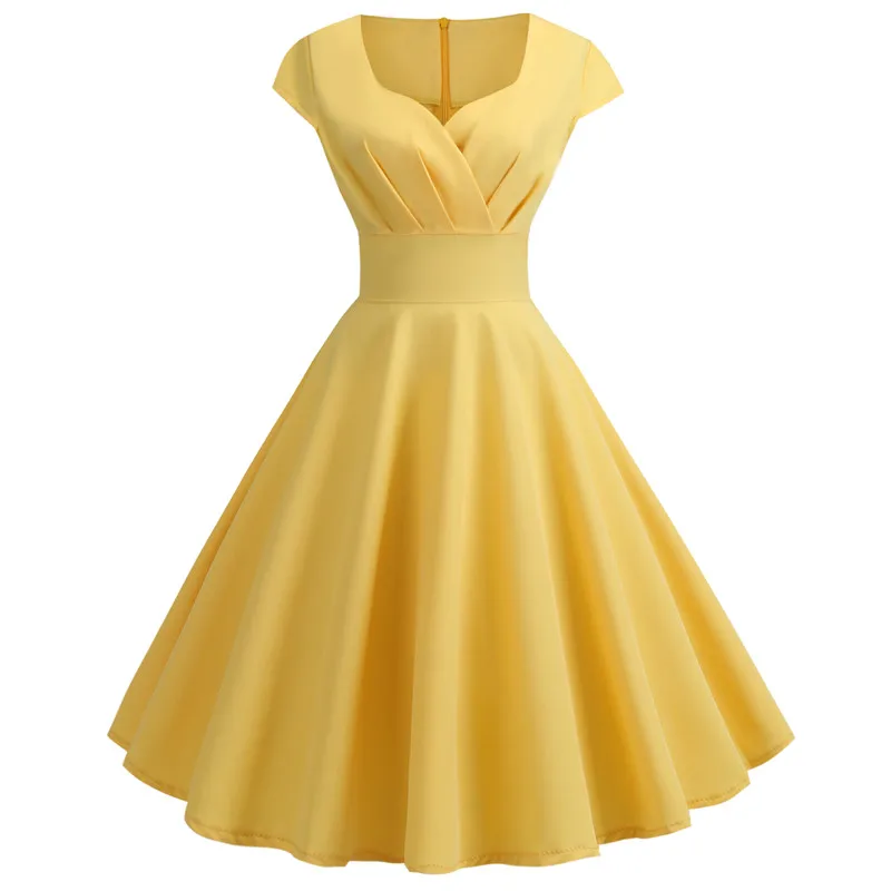LAUZUOLA/розовое летнее платье для женщин,, v-образный вырез, свободное винтажное платье, Robe Femme, Ретро стиль, вечерние, офисные, до колена, ТРАПЕЦИЕВИДНОЕ ПЛАТЬЕ - Цвет: Цвет: желтый