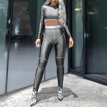 

2Pcs Sports Women Solid Color Long Sleeve Crop Top Elastic Waist Pants Tracksuit