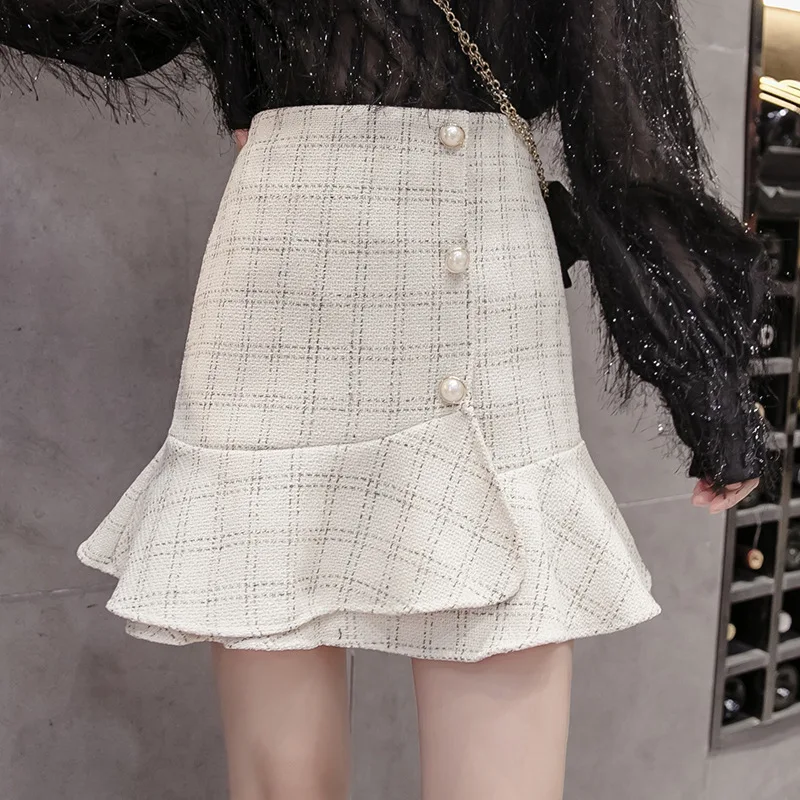 

2019 Autumn And Winter Tweed Fishtail Skirt Slit Skirt Square Lattice Flounced Beads High-waisted Sheath Skirt