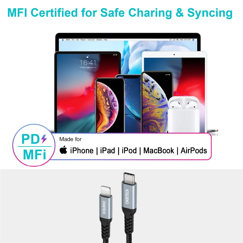 CHOETECH MFi USB C кабель для iPhone Xs Max 8 Plus 3A Быстрая зарядка кабель Lightning для iPhone USB кабель для передачи данных кабель для зарядки телефона
