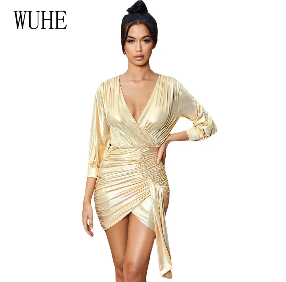 

WUHE Glitter Irregular Package Hip Dress Women Sexy Deep V Neck Tie-up Pleated Short Dress Female Hollow Out Bling Party Dresses