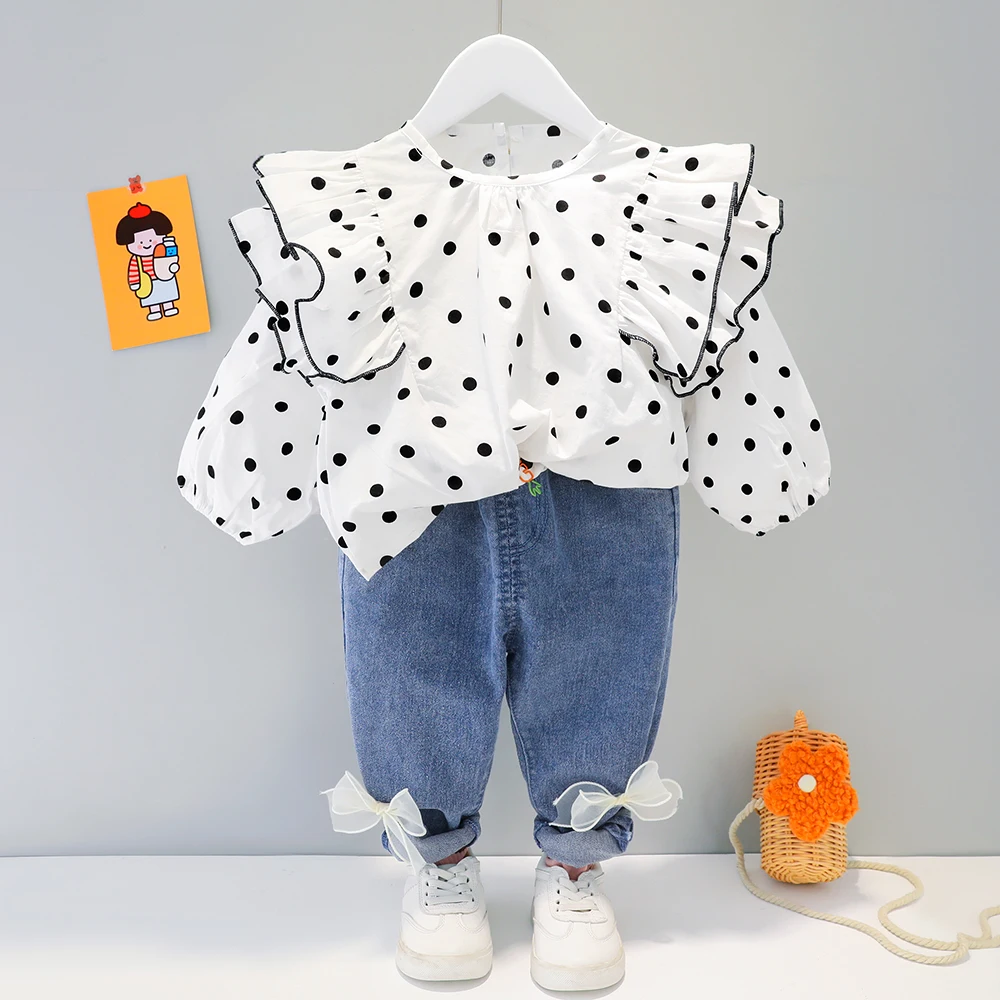 Cute Clothes for Kid Baby Girl Outfit Set Fashion Dot Lace Collar + Long  Denim Bows Trousers Children Clothing 1 2 3 4 Years
