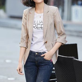 

Korean Spring Autumn Women Striped Blazers And Coats Retro Single Button Notched Female Office Middle Aged Woman Jackets Fashion
