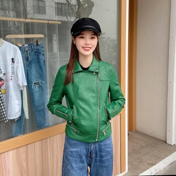 

New Arrival brand Winter Autumn Green Motorcycle leather jackets red leather jacket women leather coat slim PU jacket Leather