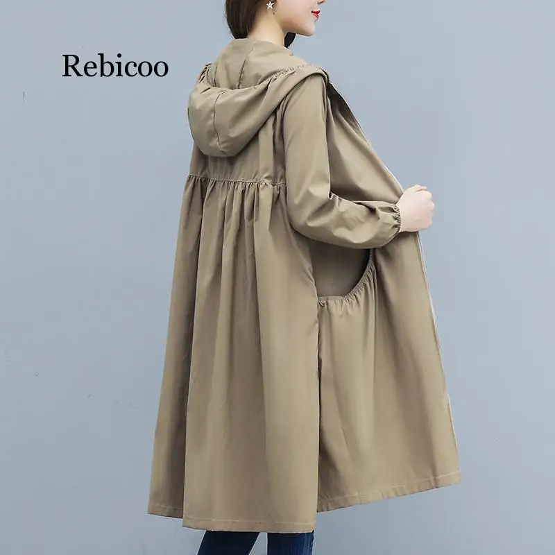 Тренч Женский прямой с капюшоном длинное Свободное пальто на молнии весна-лето |