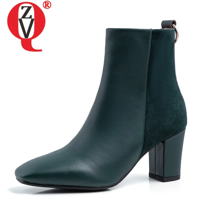 

ZVQ leather office work women's shoes fashion woman army green black brown ankle boots winter 7cm high heels square toe booties