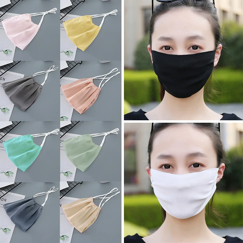 Double Sided Silk Breathable Face Mask Washable Summer Sunscreen Windproof Masks Outdoor Women Solid Face Mouth Masks Wholesale