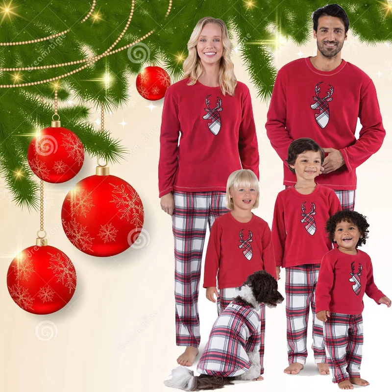 

Christmas Pajamas Family Matching Outfits Deer Pajamas Set Xmas Adults Kids Red T-shirt Plaid Pants Set Photography Nightwear
