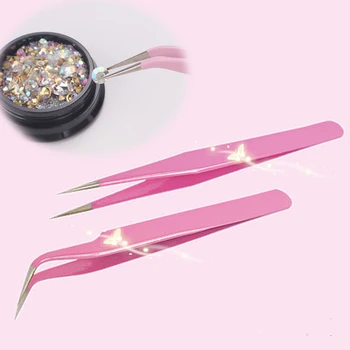 

2PCS Stainless Steel Tweezer Pink Straight + Bend Tweezer For Eyelash Extensions Nail Art Nippers