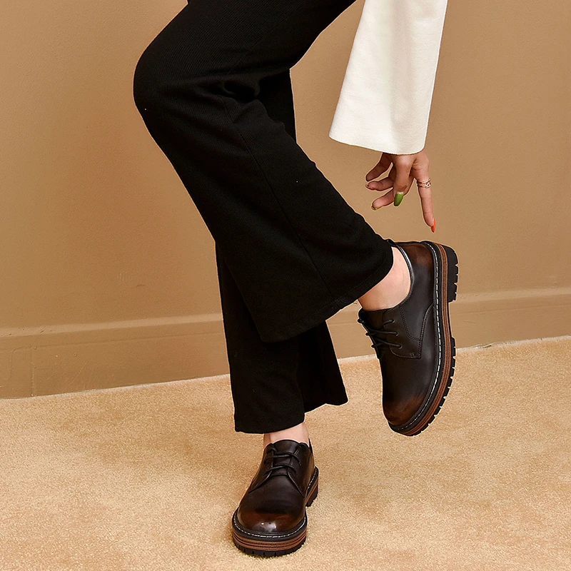 Весенняя женская обувь в британском стиле обувь в стиле Дерби на толстом каблуке, на плоской подошве, со шнуровкой, с круглым носком женские оксфорды в стиле ретро высокого качества OULYYYOGO