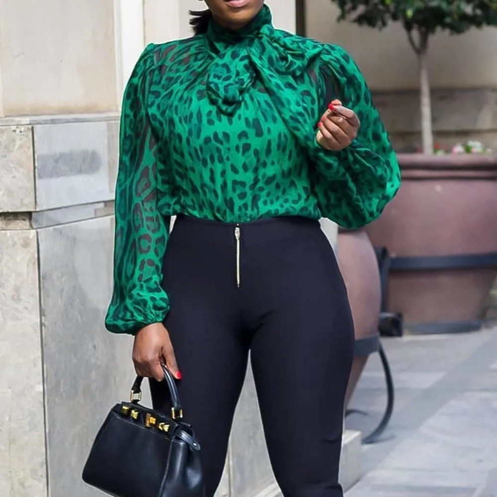 

2019 Autumn Winter Women Blouse Vintage Green Leopard Printed Office Ladies Elegant Retro Plus Size Turtleneck Long Sleeve Top