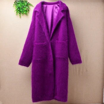 

elegant fashion femme woman long genuine mink cashmere purple slim cardigans button suit collar angora fur knitted jacket winter