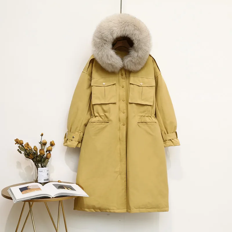 CRRIFLZ 90% White Duck Down Jacket Long Fox Fur Collar Hooded Coats Winter Jacket Women Real Fur Warm Button Pocket Down Parka