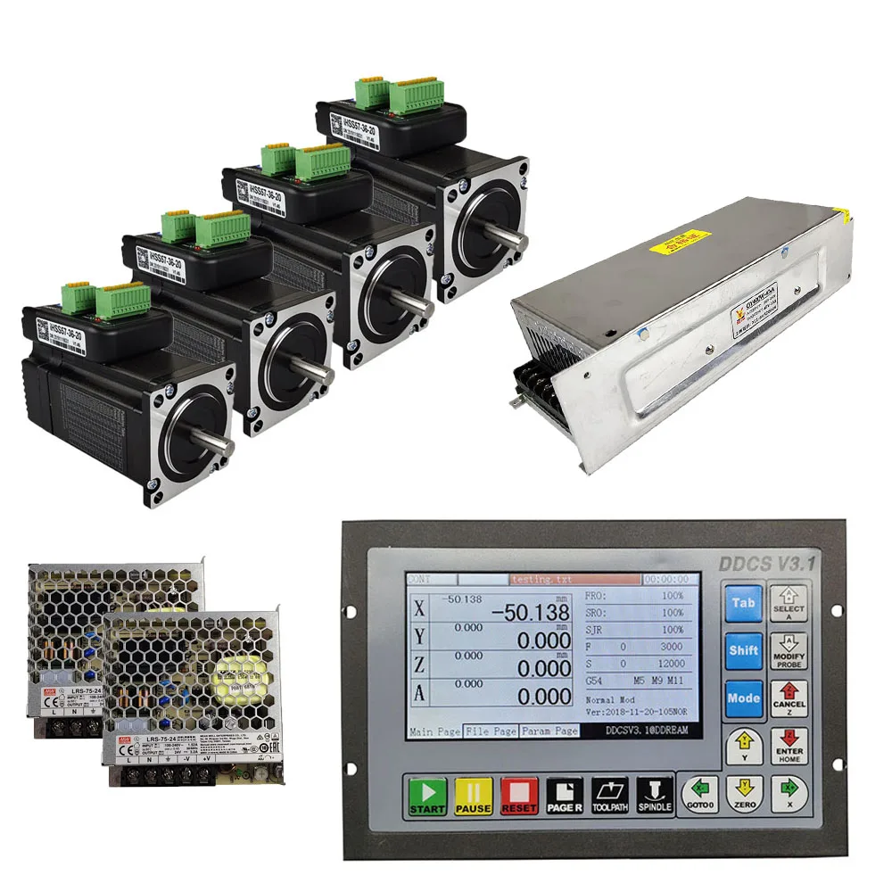 

nema23/57 integrated hybrid servo motor CNC kit ddcsv3.1 4-axis motion control system DC power supply emergency stop MPG