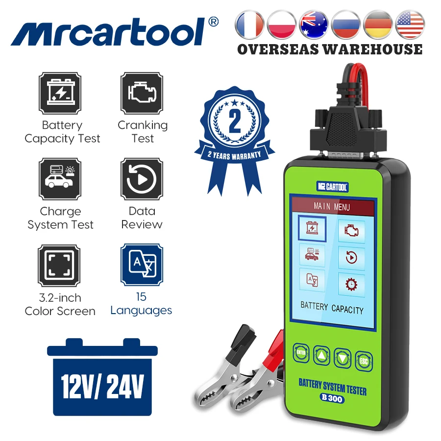 MR CARTOOL Battery Tester for Car 12volt Battery Test Cranking Test Battery Tester Charging Test Car Battery Tester Multi-Language Battery Tester with Reverse Connection Protection 