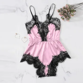 

2020 Fashio Pajamas For Women Satin Lace Bra Sexy Lingerie Underpant Siamese Sleepwear Bodysuit Babydoll pijama feminino пижама