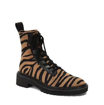 

Womens Round Toe Knitted Match Colors Ankle Boots Leopard Tiger Pattern Lace Up Shoes Low Heel Punk Motorcycle 2Colors