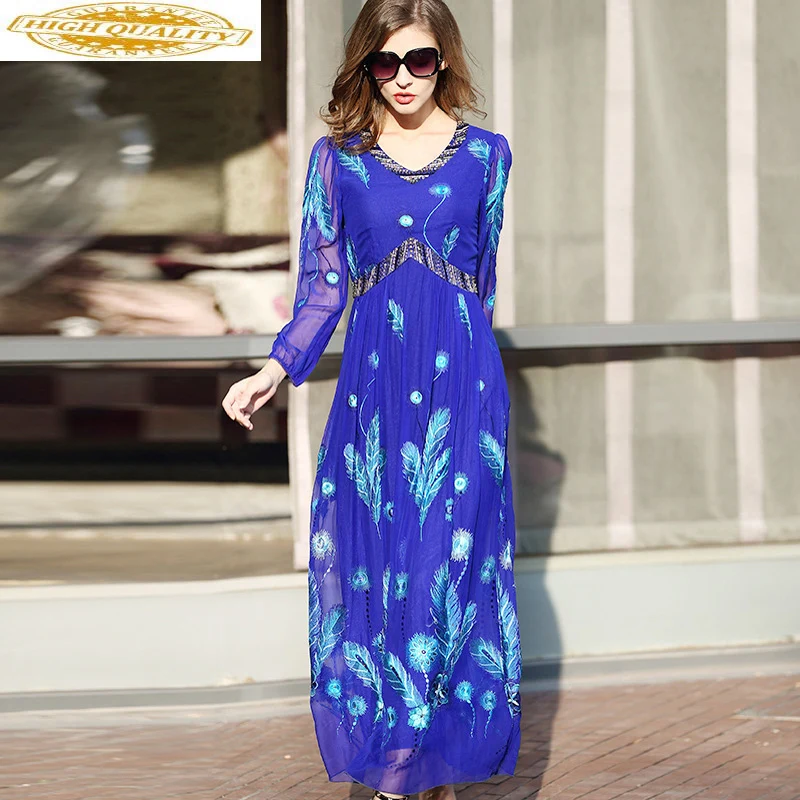 

Vintage Real Silk Dress Women Clothes 2020 Spring Summer Boho Embroidery Long Dress Women Dresses Plus Size 5xl Vestidos MY2456