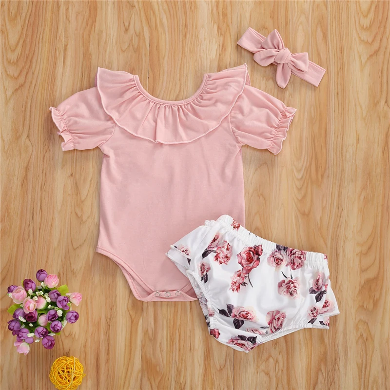 

Infant Clothing Baby Girls Ruffles Short Sleeve Bodysuits Floral Shorts Headband 3PCS Summer Outfit 0-18M