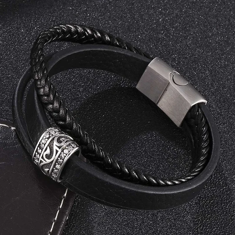 

Hot Vintage Multi-Layer Black Leather Bracelet Men Fashion Jewelry Magnetic Buckle Unisex Creative Bracelets Gifts ST0443