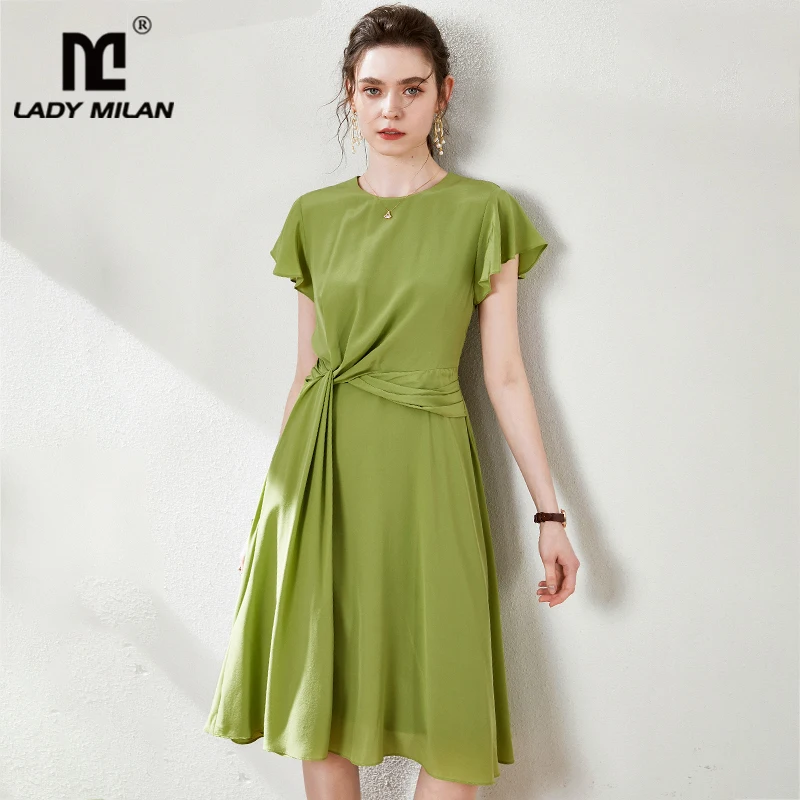 

100% Pure Silk Women's Runway Dresses O Neck Short Flare Sleeves Criss Cross Elegant Fashion Casual Dresses