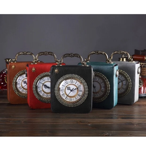 

Real Clock Shoulder Bag Stylish Alarm Package Retro High Quality European Vintage Women Leather Handbag Messenger Bags