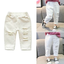 Детские джинсы для мальчиков и девочек, повседневные белые джинсы со средней талией для детей от 1 до 7 лет, однотонные