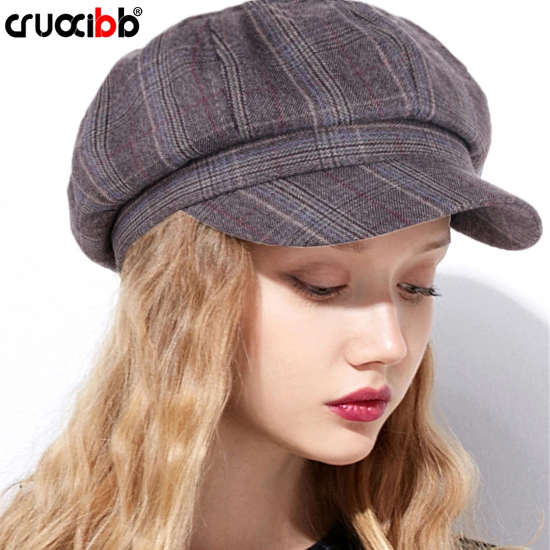 

CRUOXIBB Autumn and Winter Plaid Newsboy Cabbie Beret Cap for Women Ladies Gatsby Visor Hat Retro Wool Beret Painter Hat